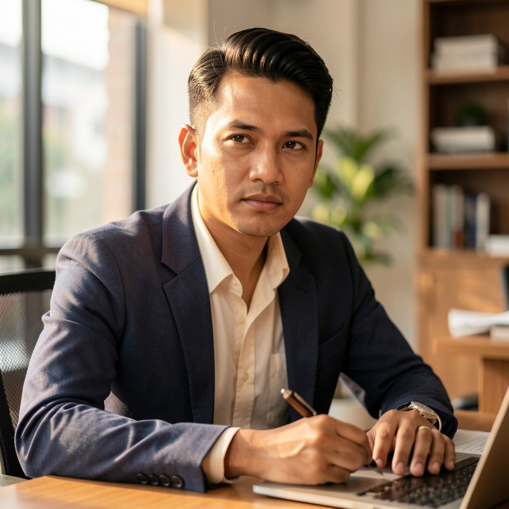 Male editorial portrait in warm natural light, thoughtful expression, seated at a writing desk in a Jakarta editorial office