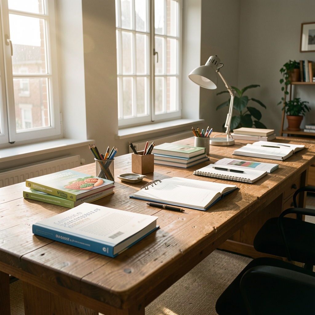 Editorial workspace with long wooden desk, nutrition research books, morning light filtering through windows, organised writing materials