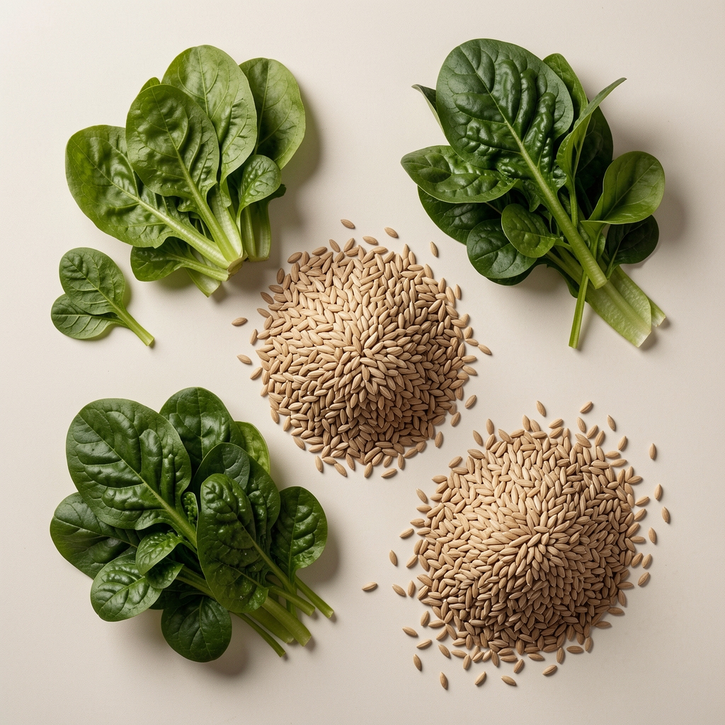 Magnesium-rich green foods including leafy vegetables and whole grains on a pale editorial surface, overhead composition