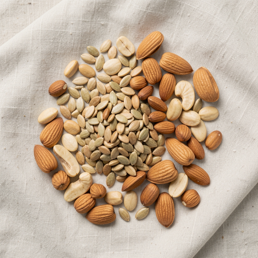 Zinc-rich seeds and nuts arranged on pale linen cloth, editorial overhead composition with natural light