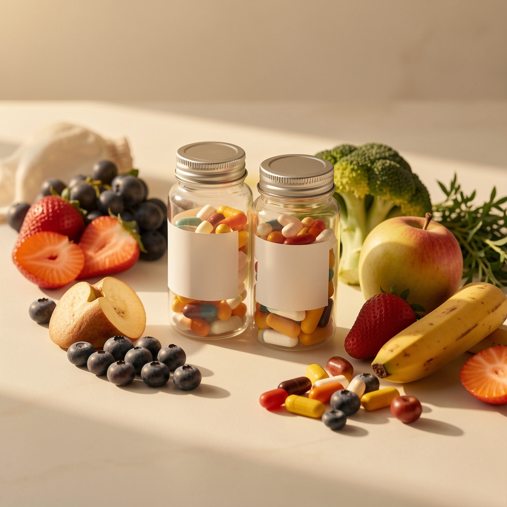 Multivitamin supplement containers and whole foods on a pale editorial surface, warm morning light