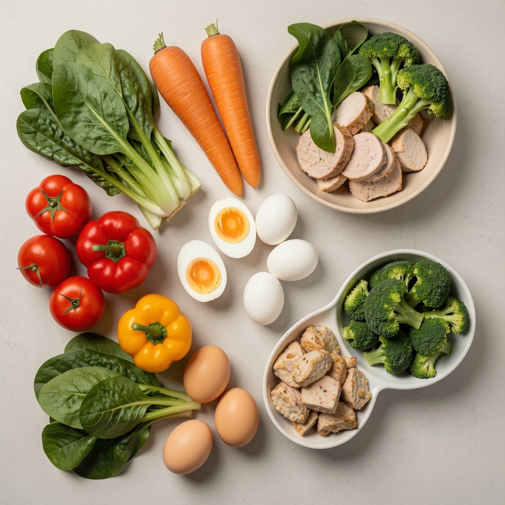 Colourful vegetables and protein foods including eggs and greens on a neutral editorial surface, overhead composition