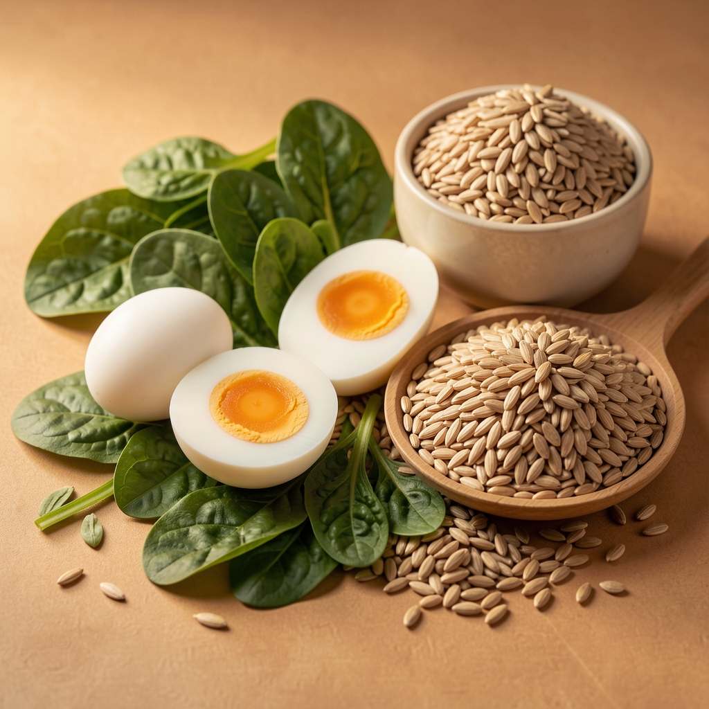 B-vitamin rich foods including eggs, leafy greens and whole grains arranged on a warm editorial surface