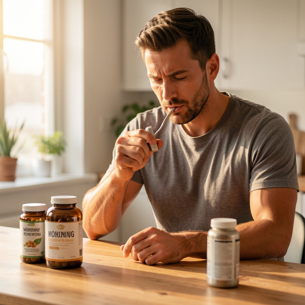 Active man preparing morning routine with supplement containers on a wooden surface, warm editorial natural light
