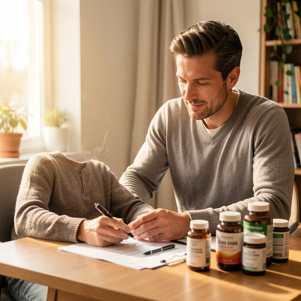 Man at a desk reviewing nutrition notes with supplement containers nearby, warm editorial daylight composition
